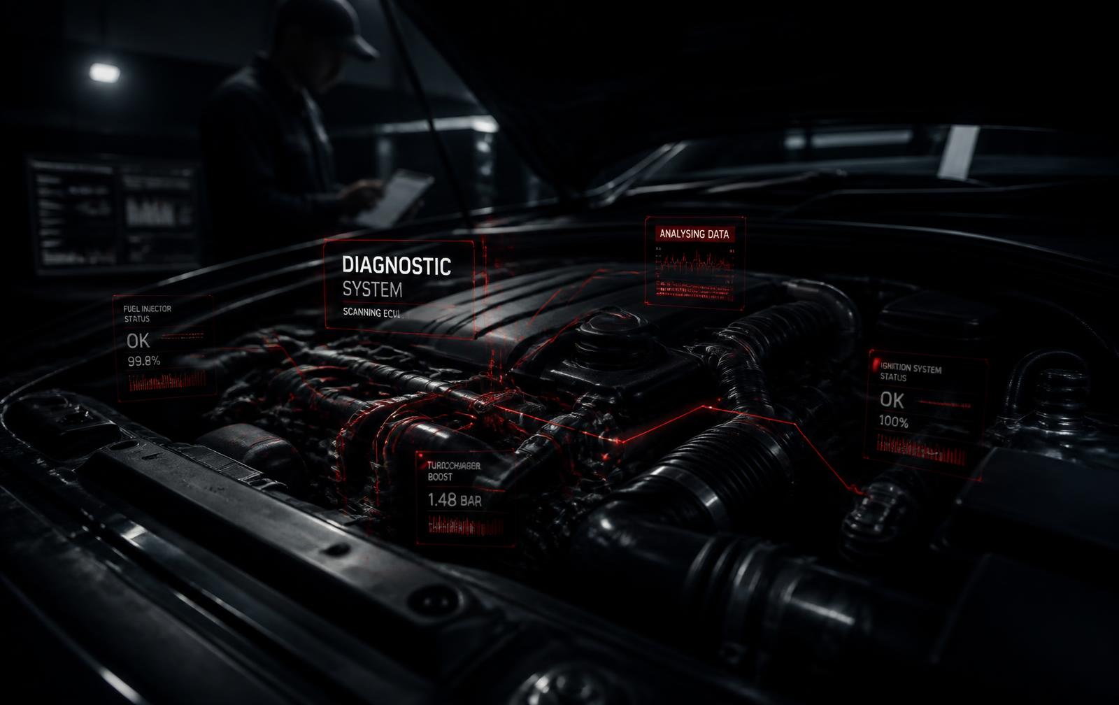 Motor de veículo com informações de diagnóstico exibidas sobre a imagem